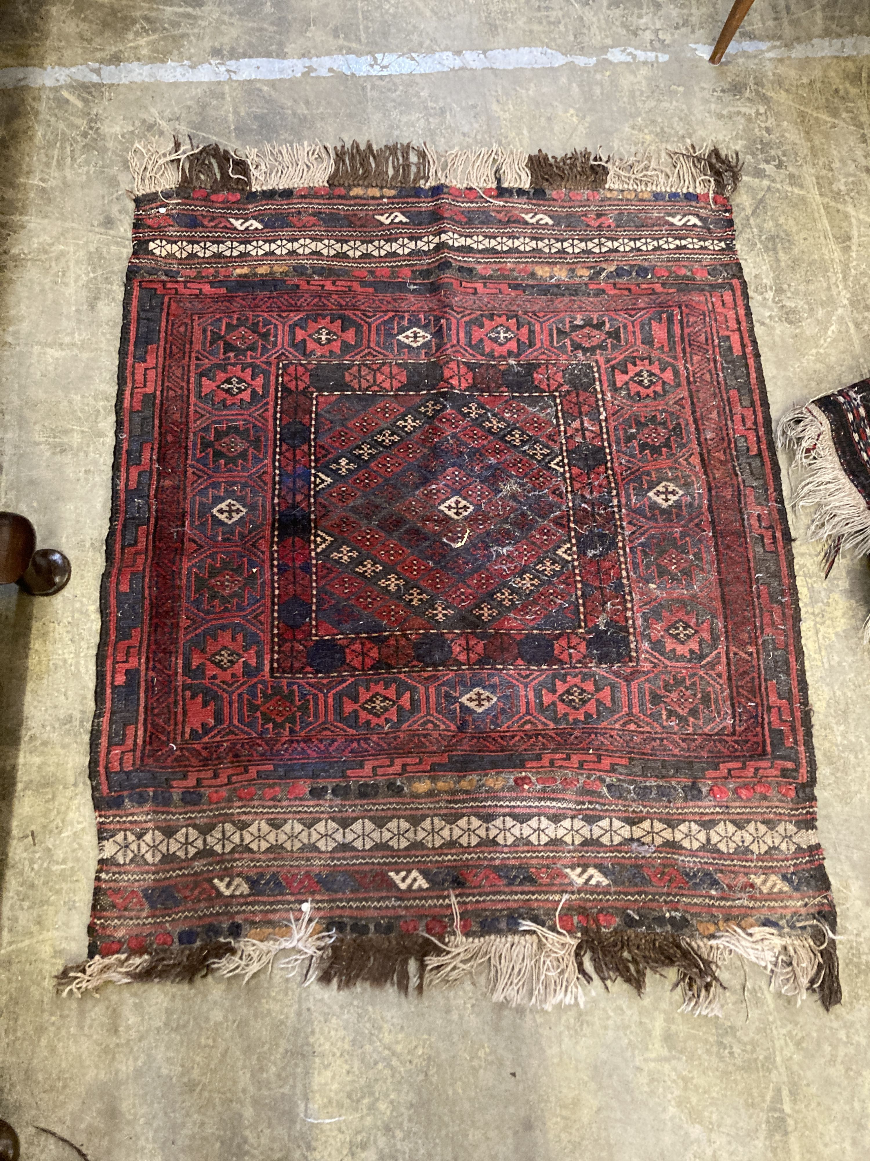 Two small Belouchi red ground rugs and two Kilim style rugs, 112 x 92.5cm and similar